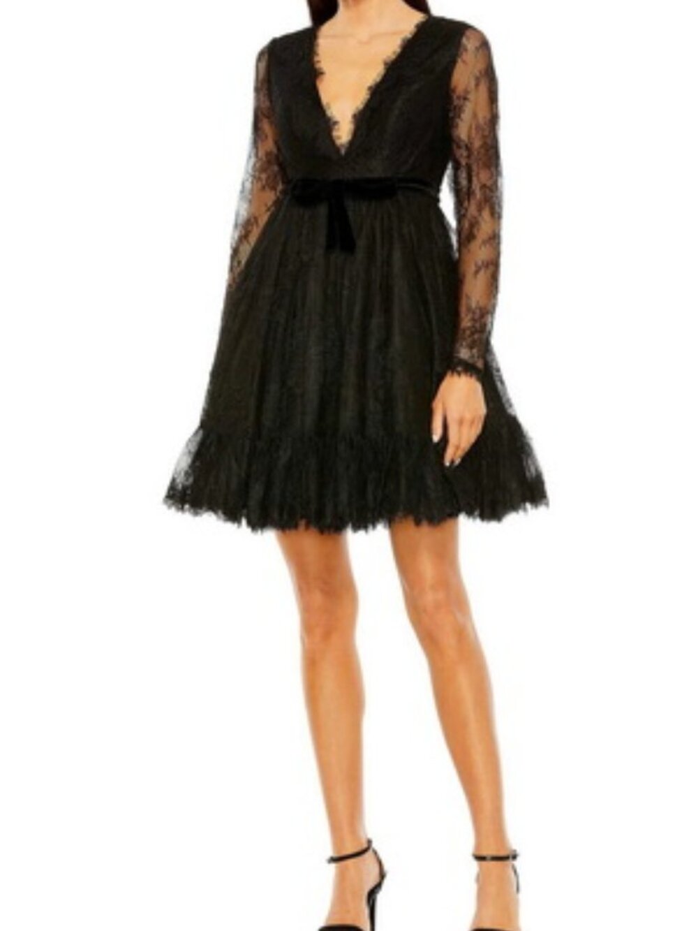 Mac Duggal Black Lace Long Sleeve Mini Dress